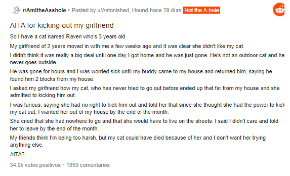 Hombre desaloja a su novia de su casa porque echó fuera a su gato 