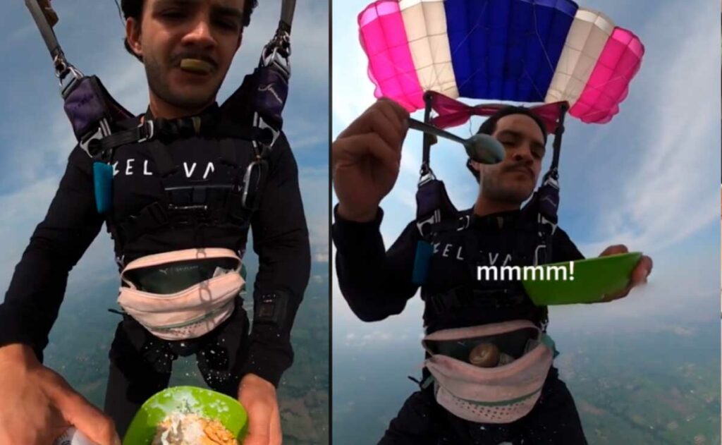 Paracaidista se graba comiendo cereal en las alturas