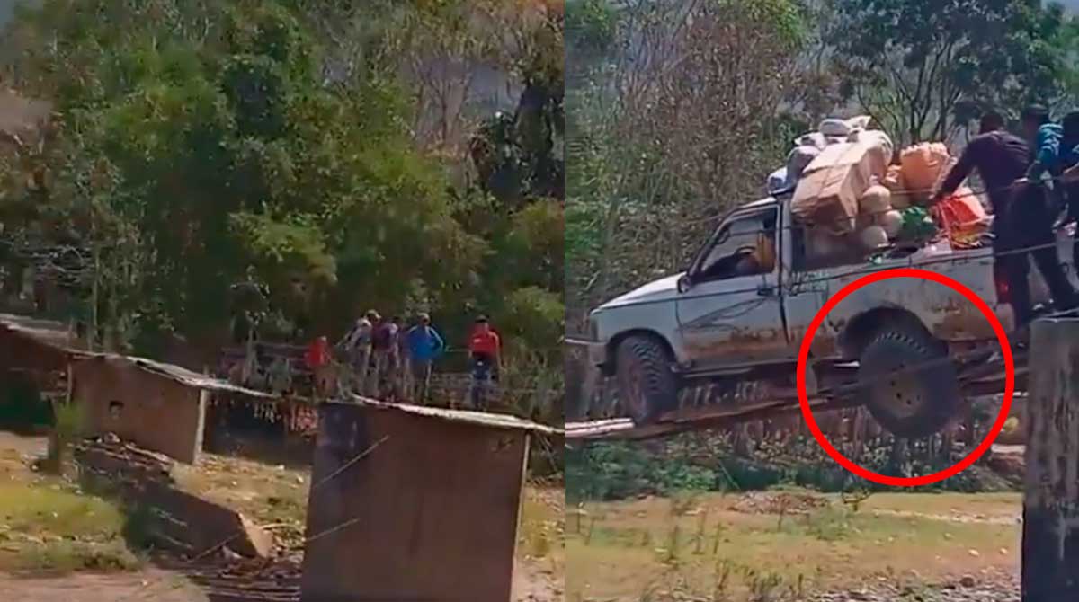 Conductor de picop sufre incidente al intentar cruzar un puente (VIDEO)